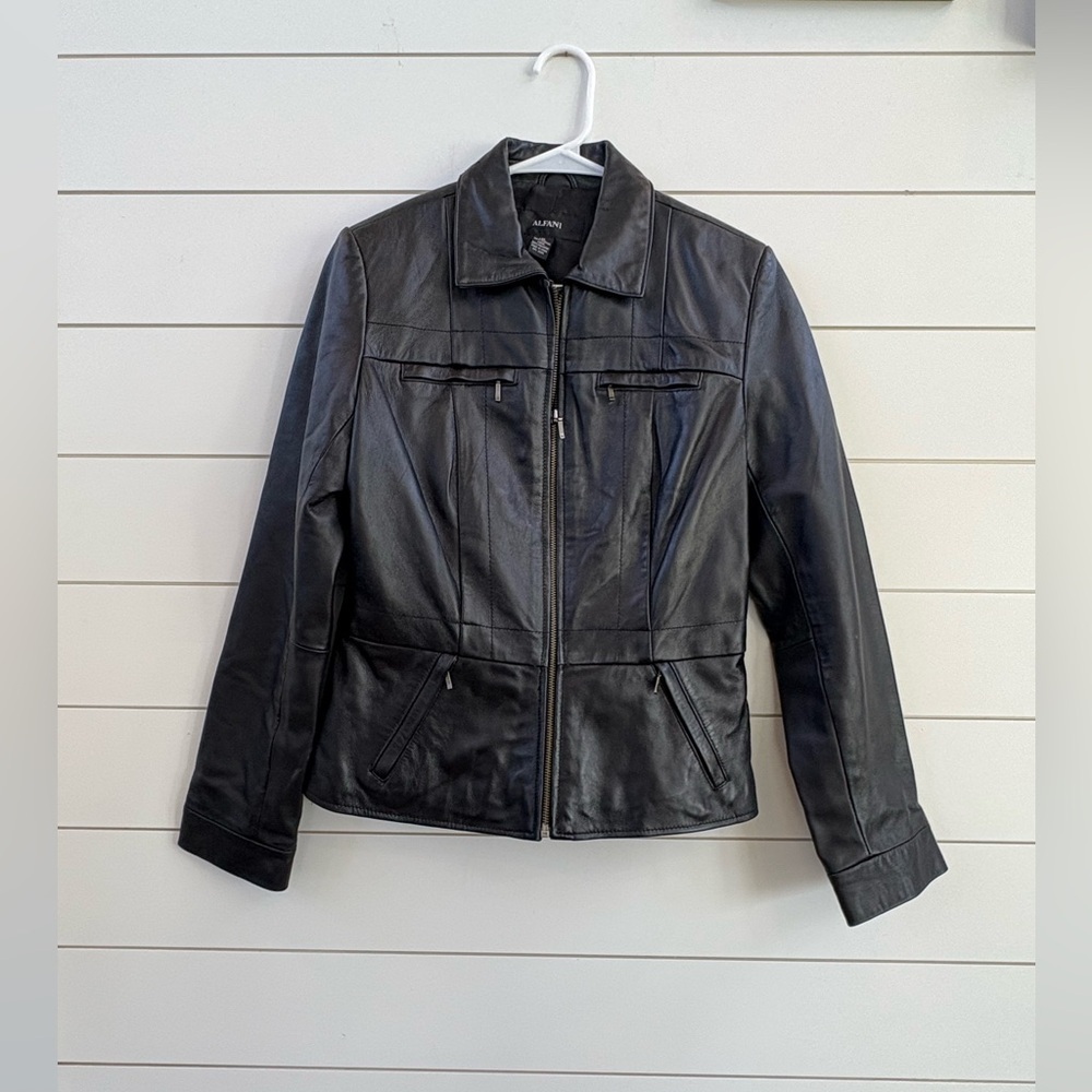 Alfani Black Leather Zip-Front Moto Jacket